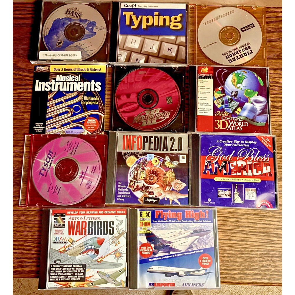 Vintage PC CD-ROM Software Lot of 11 Infopedia 3D World Atlas Typing 90s